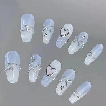 Qfdian 10Pcs Blue Handmade Press On Nails Reuse French Coffin Full Cover Rhinestone Design Fake Nails Artificial Wearable Nail Tips Art